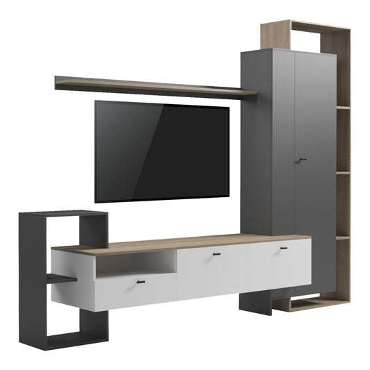 Σύνθετο σαλονιού Ferefia pakoworld σε sonoma με λευκή και ανθρακί απόχρωση 240x45.5x189.5εκ - Hippiehome.gr