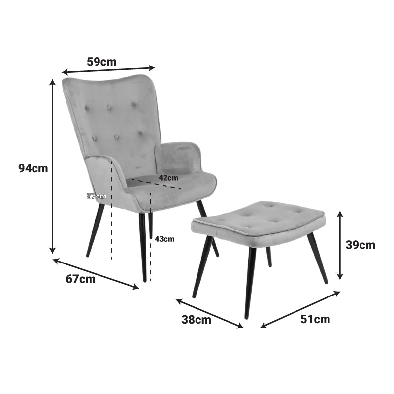 Πολυθρόνα με υποπόδιο Siella pakoworld γκρι βελούδο και μαύρο μέταλλο πόδι 59x67x94εκ - Hippiehome.gr
