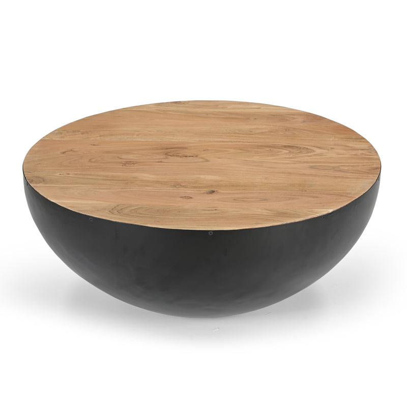 Coffee table Coffelty Inart black metal-solid acacia wood Φ90x40cm