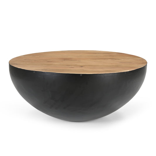 Coffee table Coffelty Inart black metal-solid acacia wood Φ90x40cm