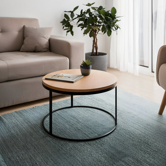 Τραπέζι σαλονιού Drion pakoworld oak μελαμίνης-μαύρο μέταλλο Φ60x40εκ - Hippiehome.gr