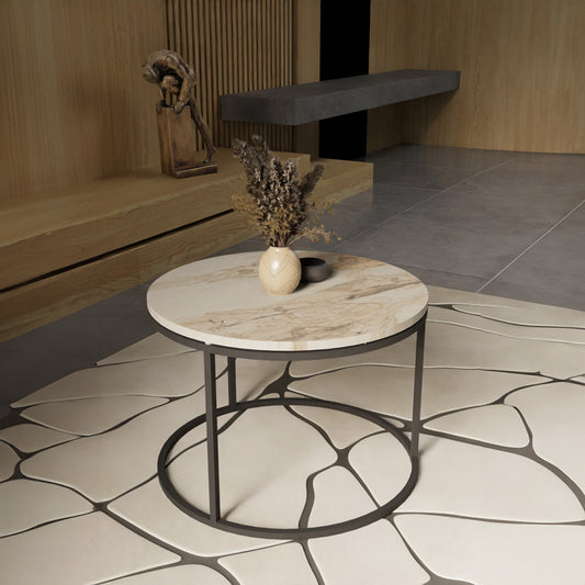 Τραπέζι σαλονιού Drion pakoworld λευκό μαρμάρου μελαμίνης-μαύρο μέταλλο Φ60x40εκ - Hippiehome.gr
