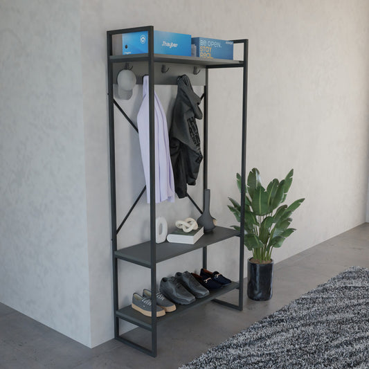 Έπιπλο εισόδου Levento pakoworld ανθρακί με μαύρο μεταλλικό σκελετό 88x34x180εκ - Hippiehome.gr