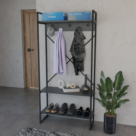 Έπιπλο εισόδου Levento pakoworld ανθρακί με μαύρο μεταλλικό σκελετό 88x34x180εκ - Hippiehome.gr