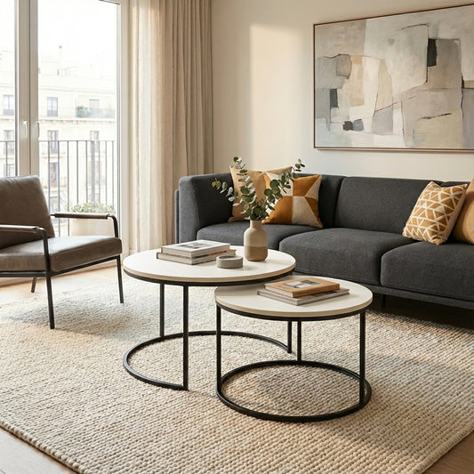 Τραπέζι σαλονιού Solme pakoworld σετ 2τεμ κρεμ-πόδι μαύρο μέταλλο - Hippiehome.gr