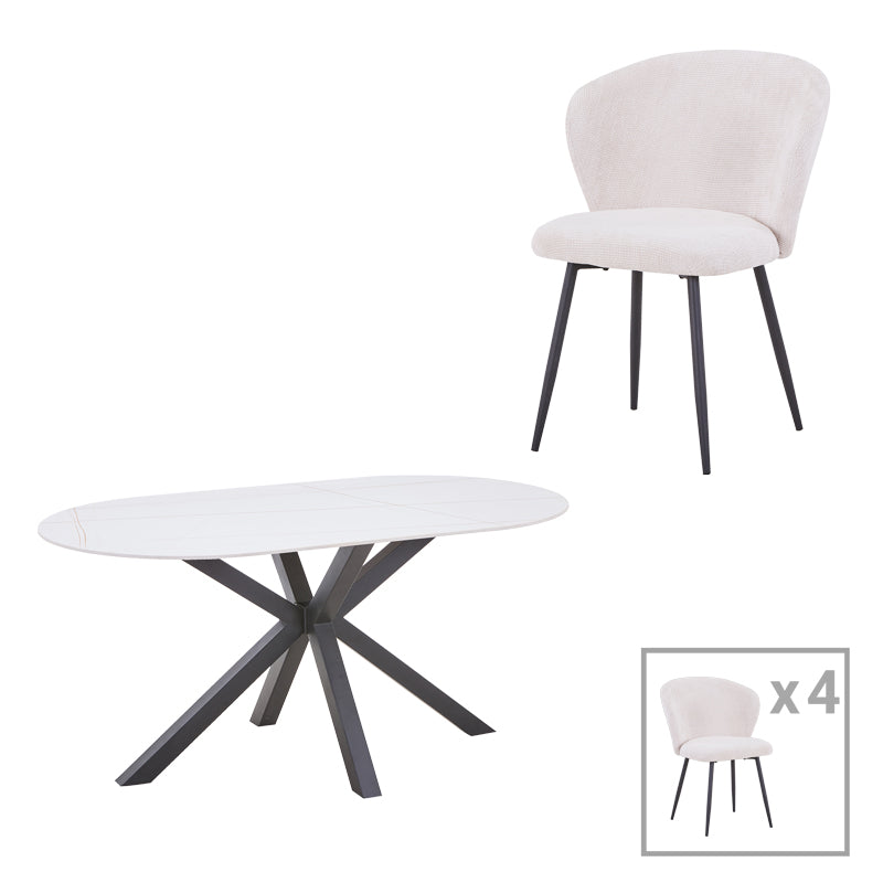 Τραπεζαρία Karg-Makrey pakoworld 5τεμ λευκό ύφασμα - λευκό μαρμάρου 160x90x75εκ - Hippiehome.gr