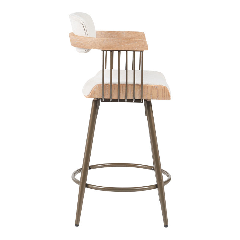 Σκαμπό μπαρ Cameo pakoworld περιστρεφόμενο μέταλλο μπρονζέ-white-wash ξύλο-μπέζ ύφασμα 53x50x93εκ - Hippiehome.gr