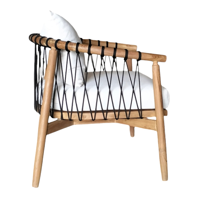 Πολυθρόνα Haribo pakoworld φυσικό teak ξύλο-μαύρο σχοινί-λευκο μαξιλάρι 80x76x72εκ - Hippiehome.gr