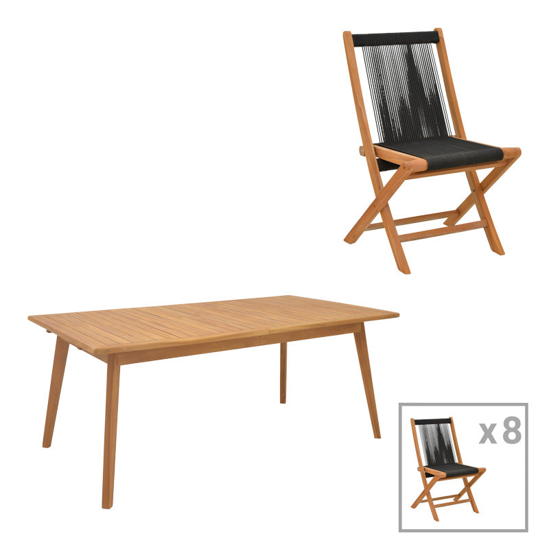 Τραπεζαρία 9 τεμ. Banou-Pino pakoworld teak ξύλο σε φυσική - μαυρη απόχρωση 180/240x100x75εκ - Hippiehome.gr