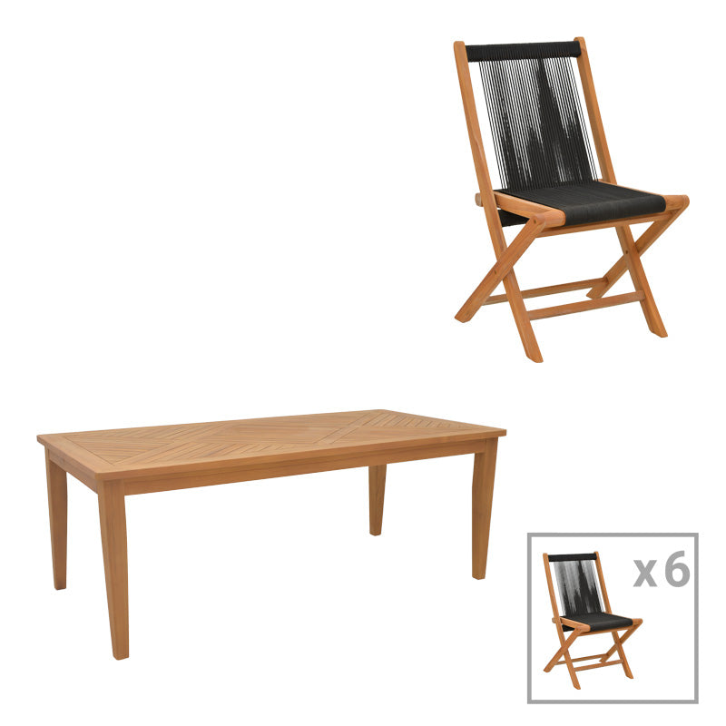 Τραπεζαρία σετ 7τεμ. Banou-Mady pakoworld teak ξύλο σε φυσική-μαυρη απόχρωση 200x100x75εκ - Hippiehome.gr