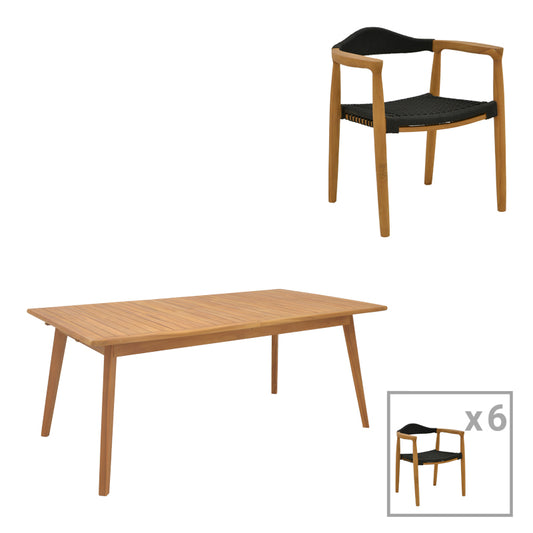 Τραπεζαρία 7 τεμ. Ganny-Pino pakoworld teak ξύλο σε φυσική - μαυρη απόχρωση 180/240x100x75εκ - Hippiehome.gr