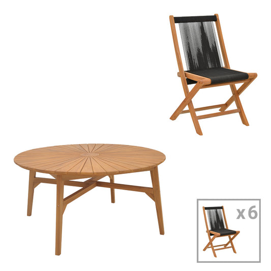 Τραπεζαρία 7τεμ. Banou-Colen pakoworld teak ξύλο σε φυσική-μαυρη απόχρωση Φ150x75εκ - Hippiehome.gr