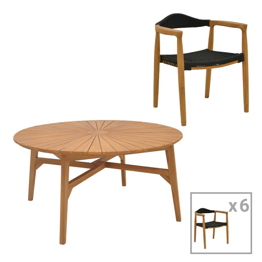Τραπεζαρία 7τεμ. Ganny-Colen pakoworld teak ξύλο σε φυσική-μαυρη απόχρωση Φ150x75εκ - Hippiehome.gr