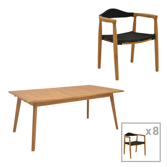 Τραπεζαρία 9 τεμ. Ganny-Pino pakoworld teak ξύλο σε φυσική - μαυρη απόχρωση 180/240x100x75εκ - Hippiehome.gr