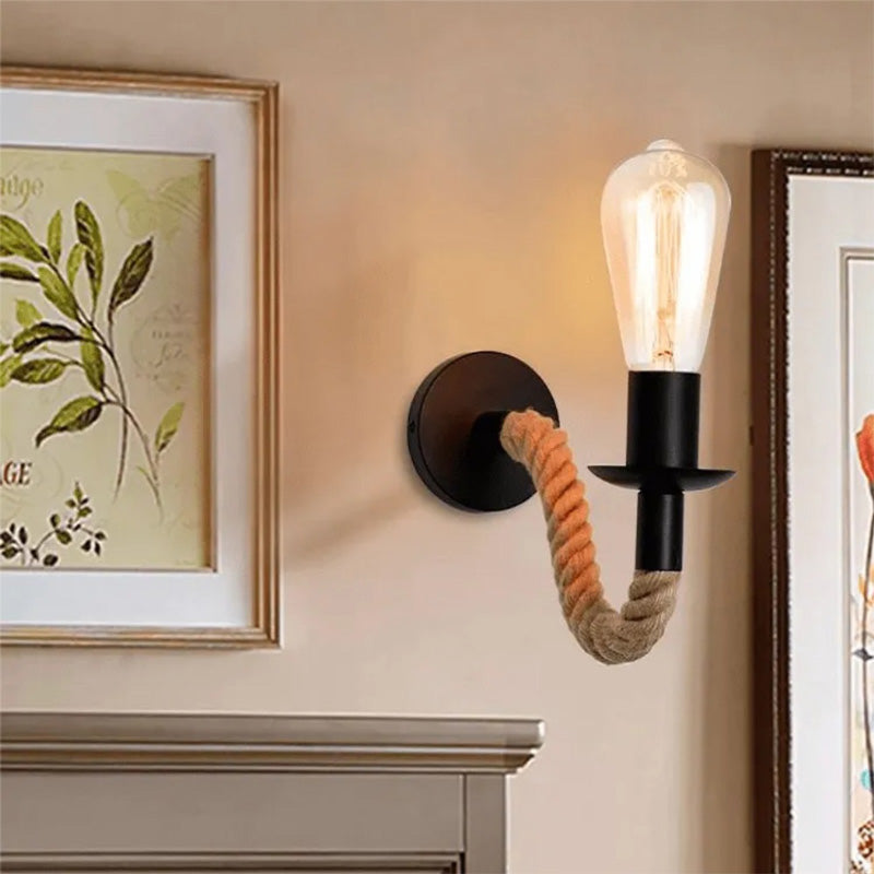 Φωτιστικό τοίχου-απλίκα Kaniwel pakoworld E27 μέταλλο και σχοινί σε μαύρη-φυσική απόχρωση 28x10x10εκ - Hippiehome.gr