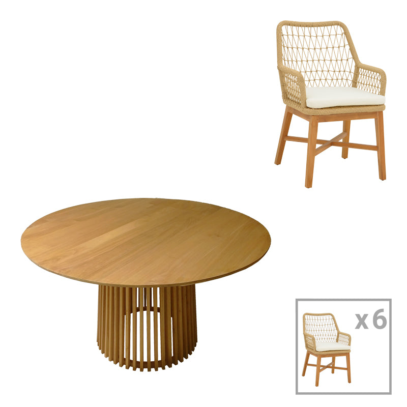 Τραπεζαρία Elaiza-Kenda pakoworld σετ 7τεμ σε φυσική-μπεζ απόχρωση Φ150x75εκ - Hippiehome.gr