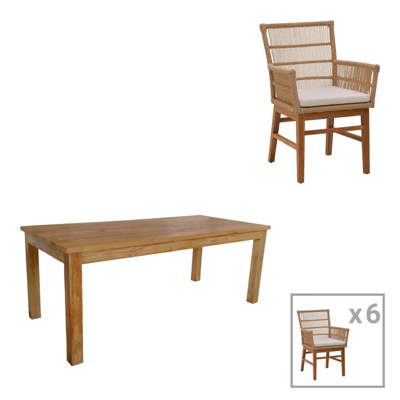 Τραπεζαρία Inca-Wooly pakoworld σετ 7τεμ σε φυσική-μπεζ απόχρωση 220x90x75εκ - Hippiehome.gr