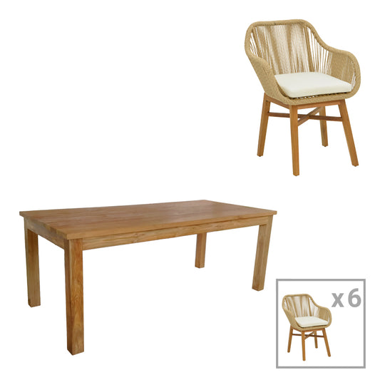 Τραπεζαρία Kalie-Wooly pakoworld σετ 7τεμ σε φυσική-μπεζ απόχρωση 220x90x75εκ - Hippiehome.gr