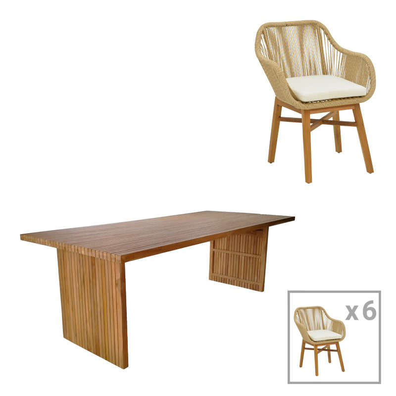 Τραπεζαρία Kalie-Zibra pakoworld σετ 7τεμ σε φυσική-μπεζ απόχρωση 220x100x75εκ - Hippiehome.gr