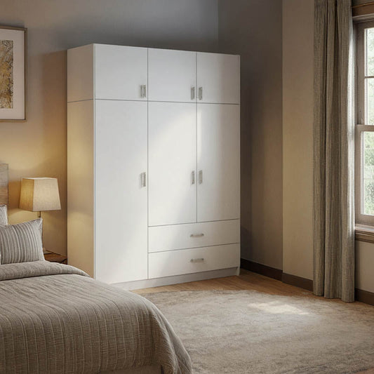 Ντουλάπα τρίφυλλη Royal pakoworld με συρτάρια και πατάρι λευκό 150x58x230εκ - Hippiehome.gr