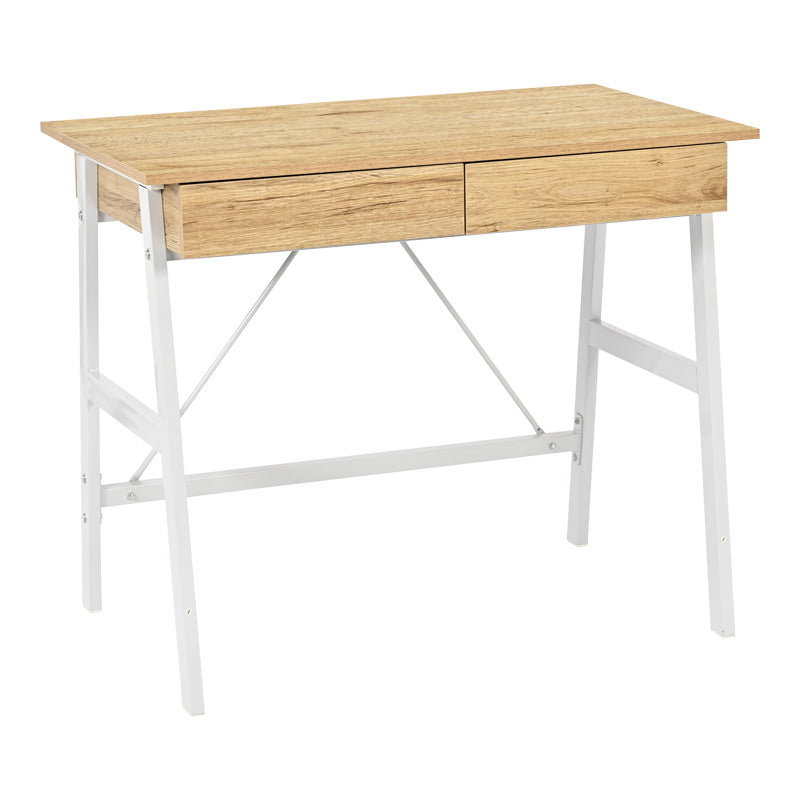 Γραφείο εργασίας Lione pakoworld με συρτάρια σε oak απόχρωση με πόδι λευκό μέταλλο 90x50x75εκ - Hippiehome.gr