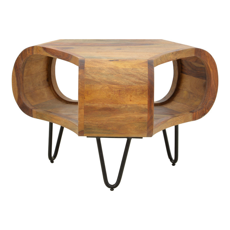 Τραπέζι Merck pakoworld μασιφ ξύλο sheesham σε καρυδί απόχρωση με μαύρα μεταλλικά πόδια Φ55x38εκ - Hippiehome.gr