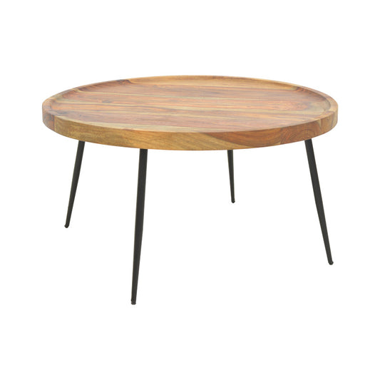 Τραπέζι σαλονιού Tavolo pakoworld μασιφ ξύλο sheesham σε καρυδί απόχρωση με μαύρα μεταλλικά πόδια Φ75x39εκ - Hippiehome.gr