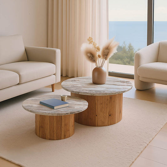 Τραπέζι σαλονιού Sergy pakoworld σετ 2 τμχ μασίφ ξύλο ακακίας σε φυσική απόχρωση με επιφάνεια μαρμάρου - Hippiehome.gr