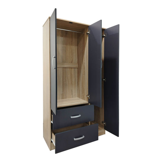 Ντουλάπα τρίφυλλη με 2 συρτάρια Lego pakoworld σε sonoma-ανθρακί απόχρωση 90x42x180εκ - Hippiehome.gr