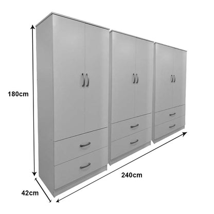 Ντουλάπα εξάφυλλη με συρτάρια Athos pakoworld λευκή 240x42x180εκ - Hippiehome.gr