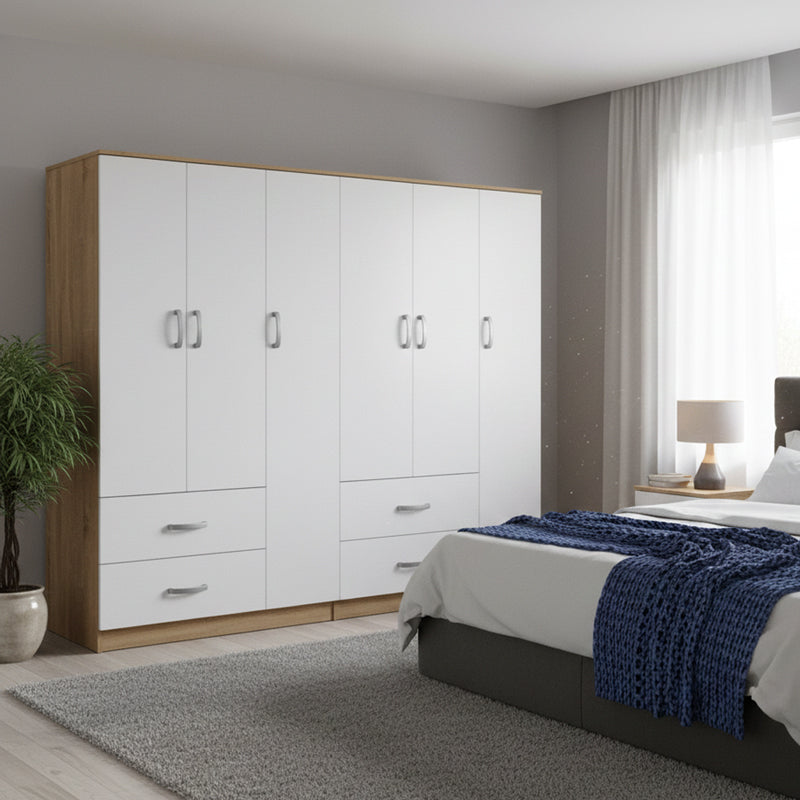 Ντουλάπα εξάφυλλη Athos pakoworld sonoma-λευκό 180x42x180εκ - Hippiehome.gr