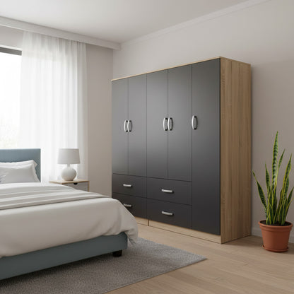 Ντουλάπα πεντάφυλλη Athos pakoworld sonoma-ανθρακί 170x42x180εκ - Hippiehome.gr