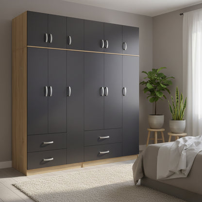 Ντουλάπα εξάφυλλη με πατάρι Athos pakoworld sonoma-ανθρακί 180x42x240εκ - Hippiehome.gr