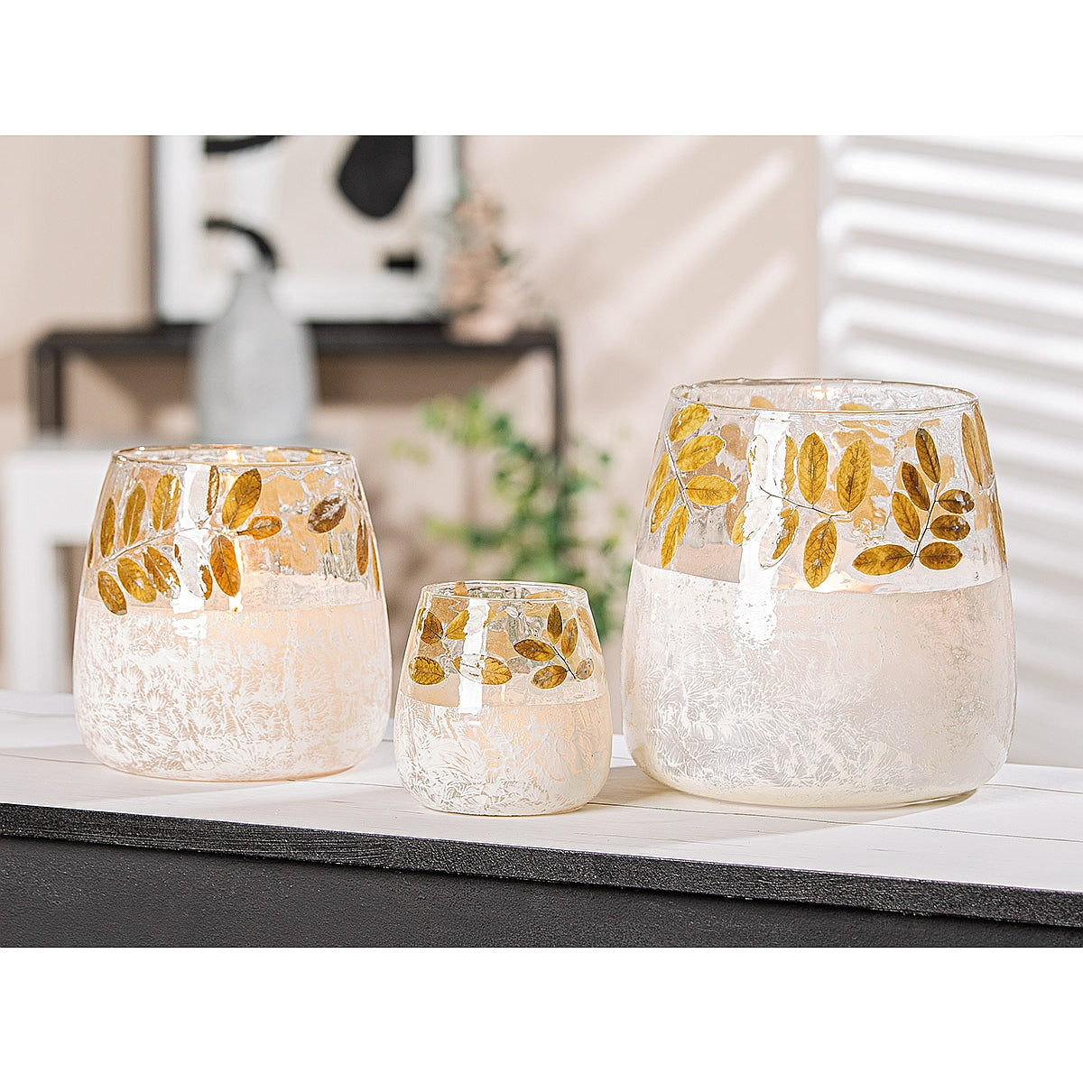 Κηροπήγιο ArteLibre Με Διακόσμηση Φύλλα Πράσινο/Λευκό Γυαλί Φ10x10.5cm - Hippiehome.gr