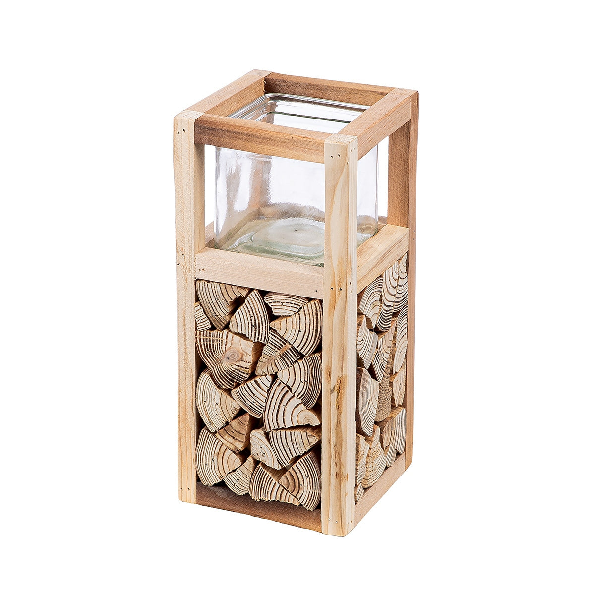 Φανάρι Καταιγίδας "Catasta" Γυάλινο Ξύλο Ecru PU 14x14x30cm - Hippiehome.gr