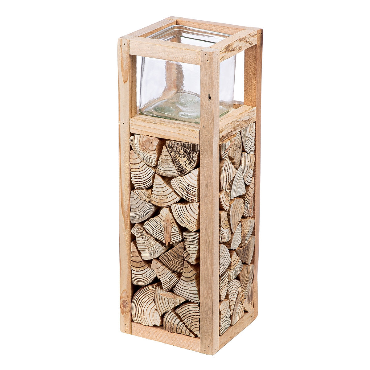 Φανάρι Καταιγίδας "Catasta" Γυάλινο Ξύλο Ecru PU 14x14x40cm - Hippiehome.gr