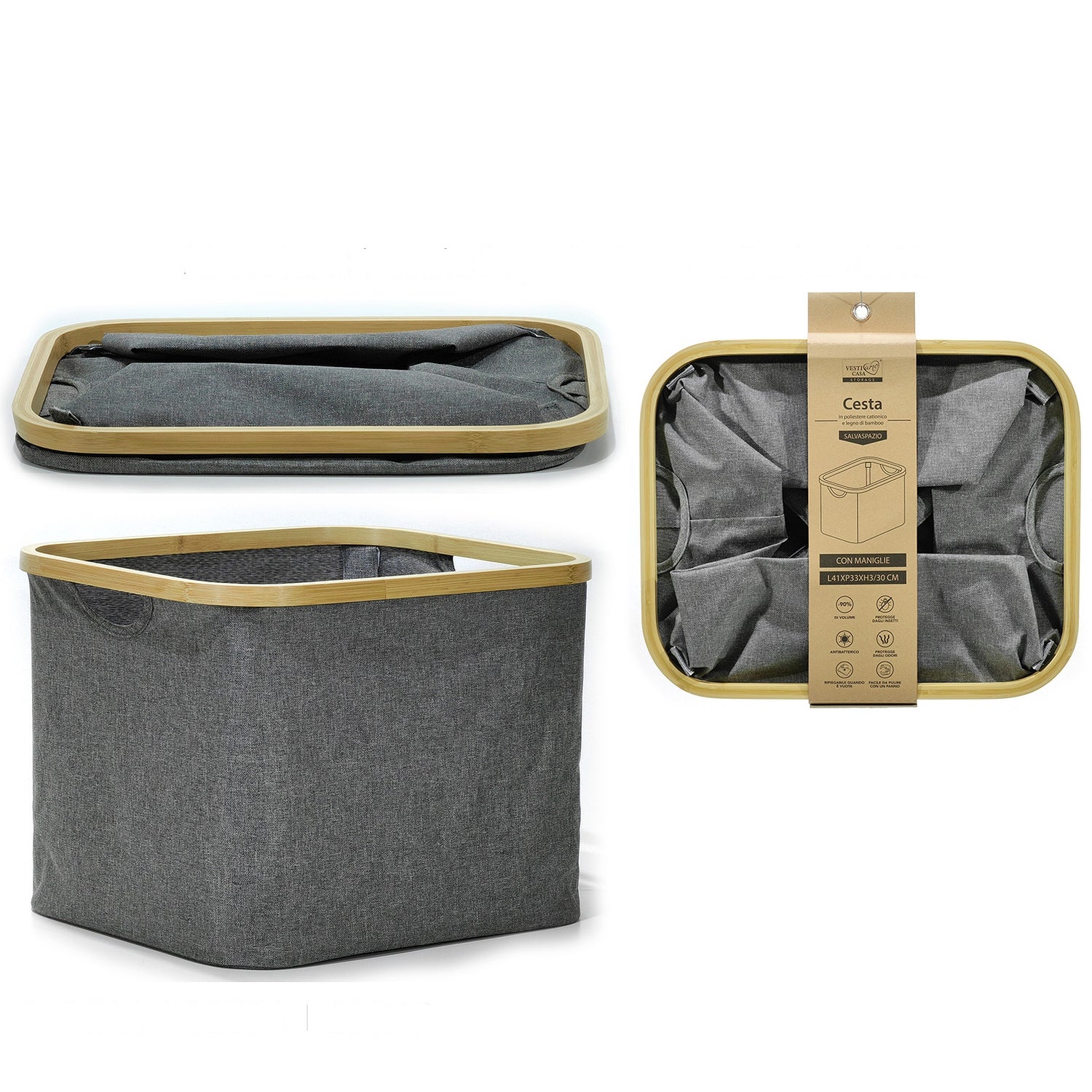 Καλάθι Γκρι Πολυεστέρας/Μπαμπού 41x33x30cm - Hippiehome.gr