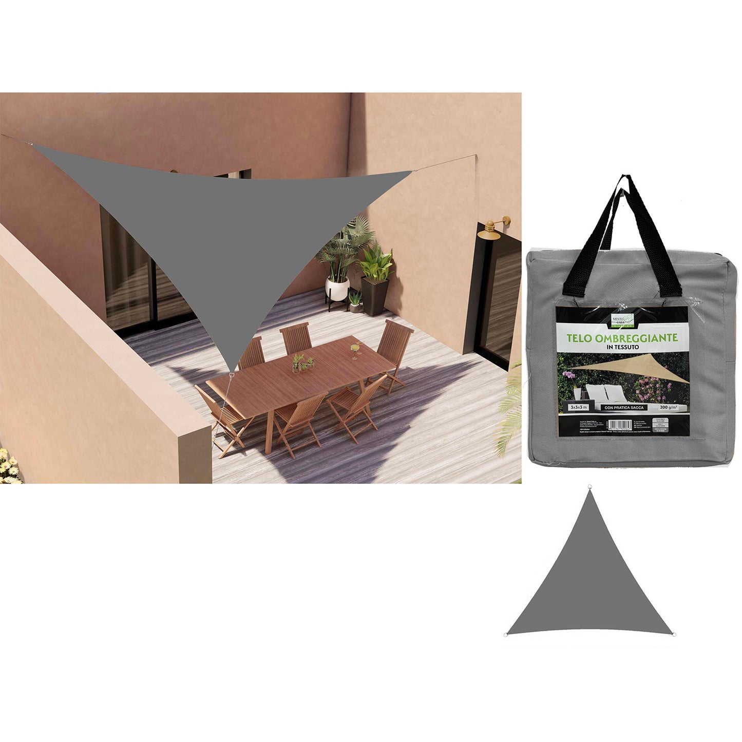 Πανί Σκίασης Κήπου Τριγωνικό Γκρι 200gsm Polyester 3x3x3m - Hippiehome.gr