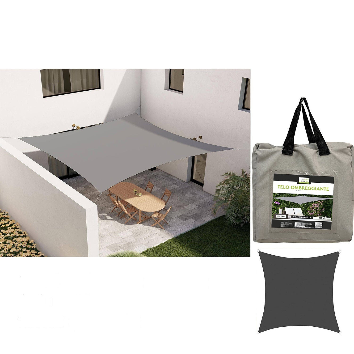 Τέντα Σκίασης Γκρι Πολυεστέρας 3x3m - Hippiehome.gr