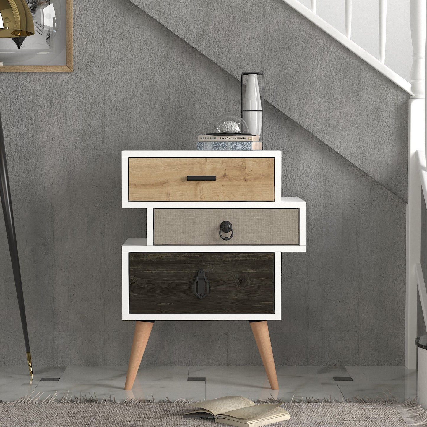 Κομοδίνο ArteLibre KIMOLOS Λευκό/Φυσικό/Καφέ 52x30x68cm - Hippiehome.gr