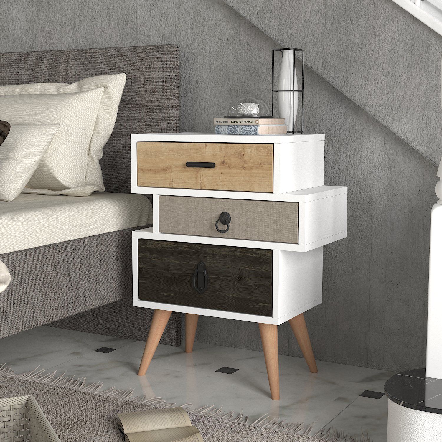 Κομοδίνο ArteLibre KIMOLOS Λευκό/Φυσικό/Καφέ 52x30x68cm - Hippiehome.gr