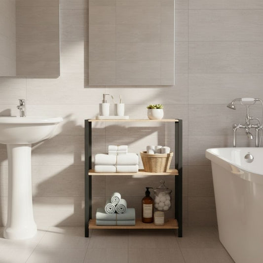 Ραφιέρα δαπέδου - Τραπεζάκι βοηθητικό ξύλινο - πλαστικό χρώμα φυσικό - μαύρο 65x29x78εκ. - Hippiehome.gr