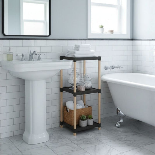 Ραφιέρα δαπέδου πλαστική - ξύλινη χρώμα φυσικό - μαύρο 28x25x72εκ. - Hippiehome.gr