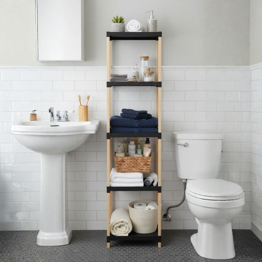 Ραφιέρα δαπέδου πλαστική - ξύλινη χρώμα φυσικό - μαύρο 28x25x137εκ. - Hippiehome.gr