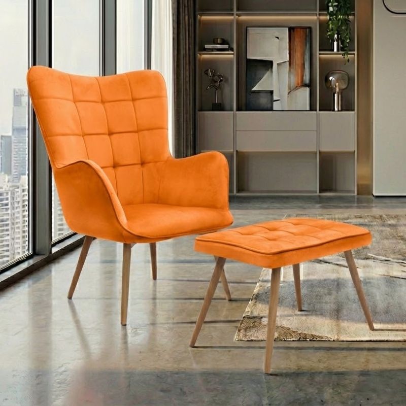 Πολυθρόνα - Μπερζέρα με υποπόδιο Lily Megapap κροκί βελούδο - μεταλλικό πόδι χρώμα φυσικό 70x62x98εκ. - Hippiehome.gr