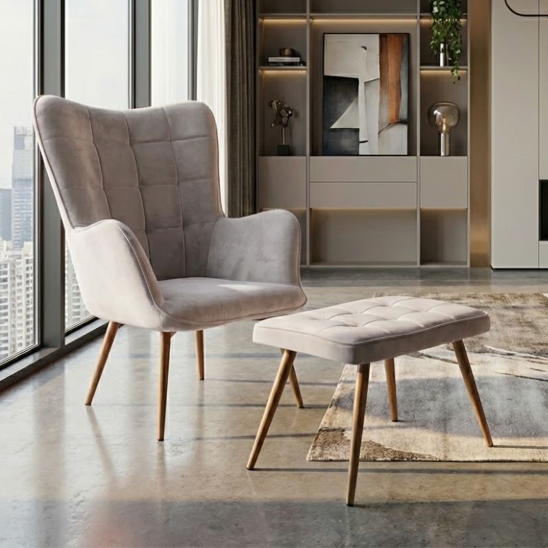 Πολυθρόνα - Μπερζέρα με υποπόδιο Lily Megapap μπεζ βελούδο - μεταλλικό πόδι χρώμα φυσικό 70x62x98εκ. - Hippiehome.gr