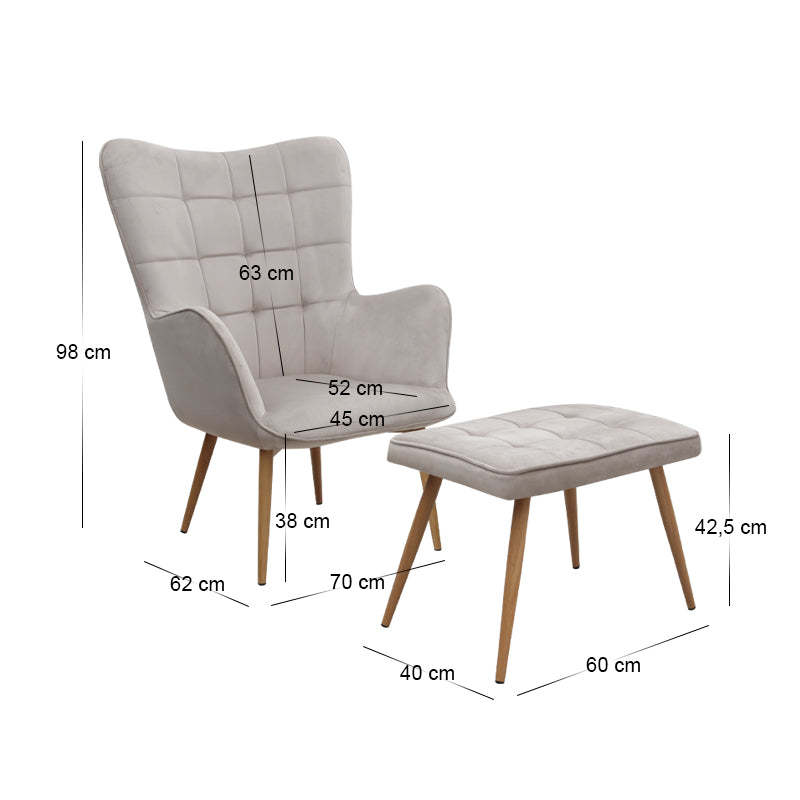 Πολυθρόνα - Μπερζέρα με υποπόδιο Lily Megapap μπεζ βελούδο - μεταλλικό πόδι χρώμα φυσικό 70x62x98εκ. - Hippiehome.gr