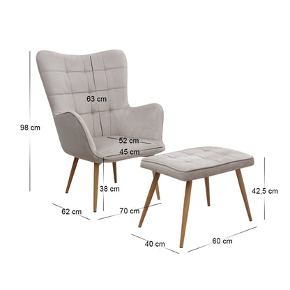 Πολυθρόνα - Μπερζέρα με υποπόδιο Lily Megapap μπεζ βελούδο - μεταλλικό πόδι χρώμα φυσικό 70x62x98εκ. - Hippiehome.gr