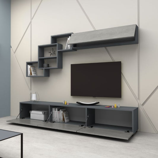 Σύνθεση τηλεόρασης Free Megapap χρώμα ανθρακί - γκρι σκυροδέματος 210x35x38εκ. - Hippiehome.gr