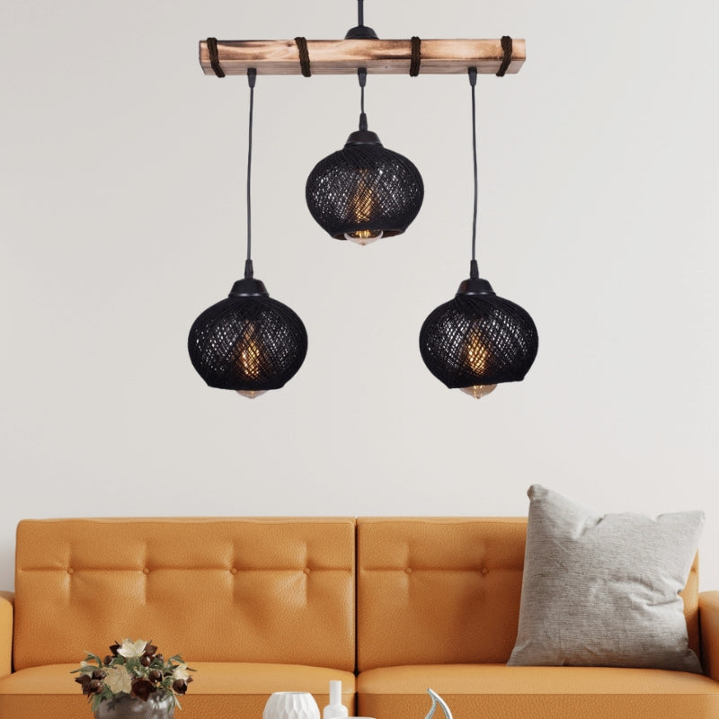 Ceiling lamp Sirmione Megapap E27 wooden - rope three-light color black - natural 49x17x75cm.